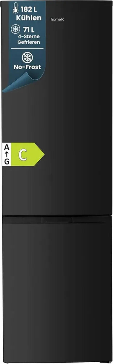Freistehende Kühlschrank-Gefrierkombination mit No Frost und Super Frost, 253L, leise, Energieklasse C, XXL in Schwarz